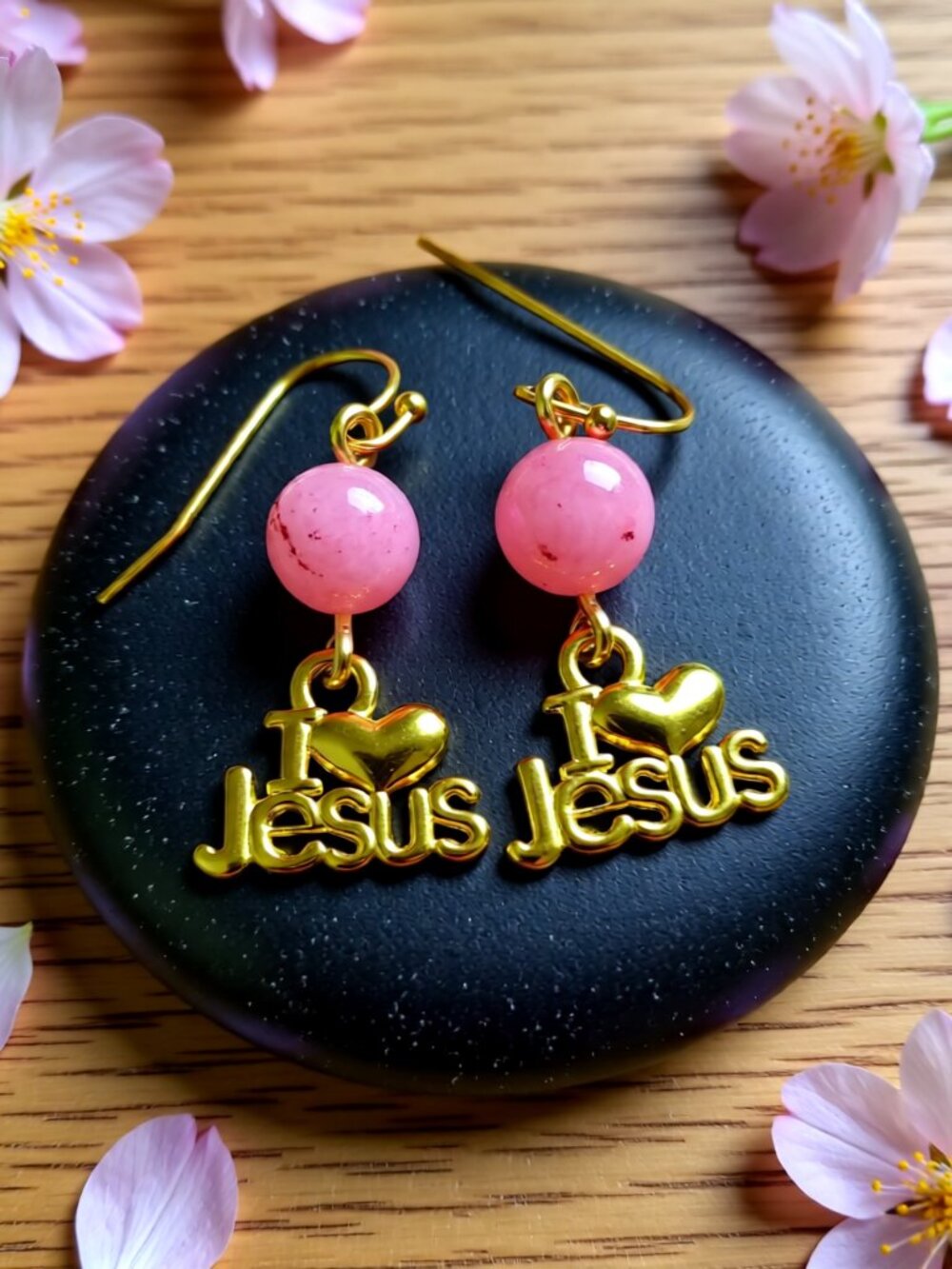 I ❤ Jesus! Pink Jade Short Dangle Earrings! Faith Christ Consciousness Religion